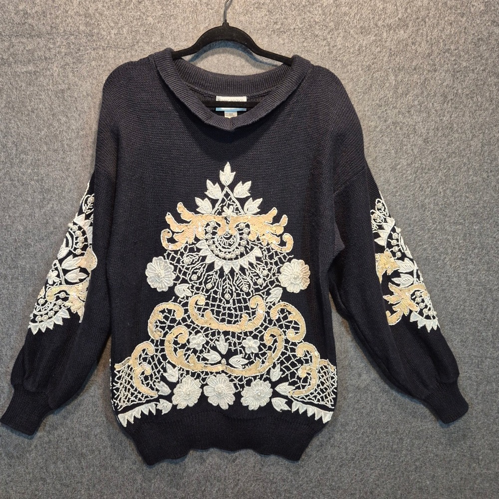 Vintage Bonnie Boerer & Co Womens Black Beaded Embroided Sweater Lrg Holiday